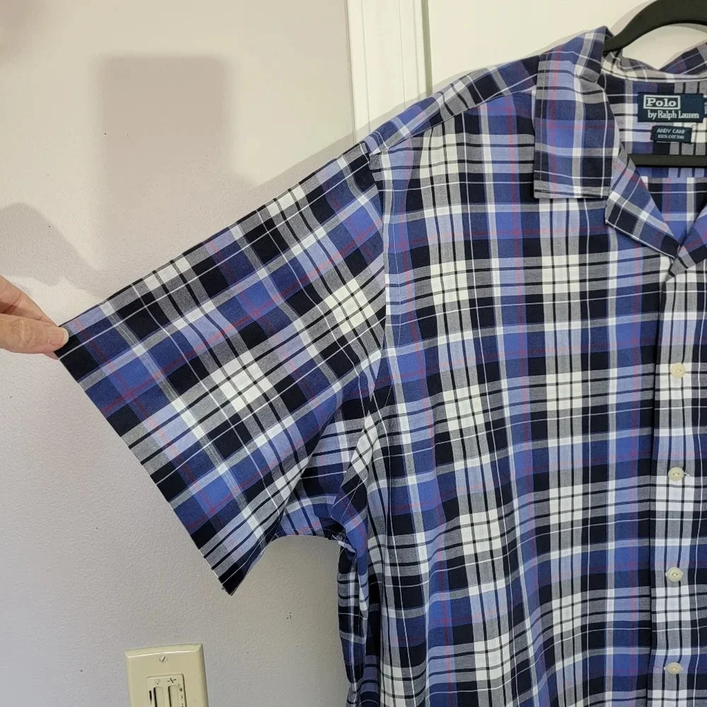 Polo Ralph Lauren Andy Camp Mens Blue Plaid Button Up Pocket Preppy Size XXL